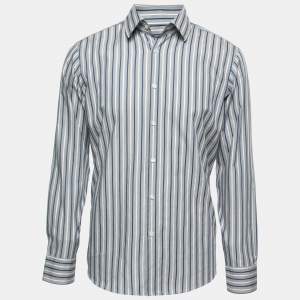Pre Owned Boss By Hugo Boss Grey & Blue Striped Cotton Button Front Shirt L