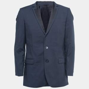 Pre Owned Hugo Boss Blue Wool Contrast Lapel Trim Single Breasted Blazer L