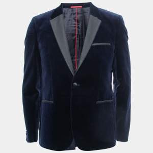 Pre Owned Boss By Hugo Boss Navy Blue Velvet Extra Slim Single Breasted Blazer L 