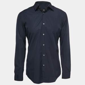 مملوكة مسبقًا Boss by Hugo Boss Navy Blue Cotton Slim Fit Button Front Shirt L