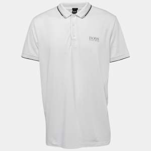 Pre Owned Boss By Hugo Boss White Logo Embroidered Knit Regular Fit Polo T-Shirt XXL