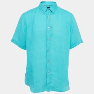 Pre Owned Boss By Hugo Boss Blue Linen Button Front Half Sleeve Shirt XL