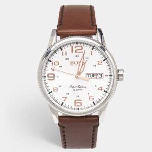 Boss By Hugo Boss Silver Stinless Steel Leather Pilot Edition HB.279.1.14.2872 Men's Wristwatch 44 mm