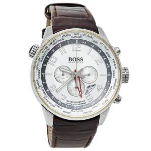 Hugo Boss Silver Stainless Steel Leather 1512739 Men's Wristwatch 44 mm 