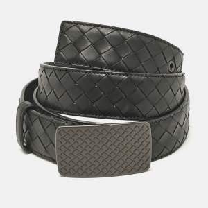 Bottega Veneta Black Intreciato Leather Plaque Buckle Belt 105CM