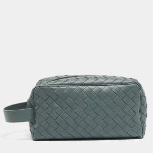 Pre Owned Bottega Veneta Travel Pouch Grey Intrecciato Leather