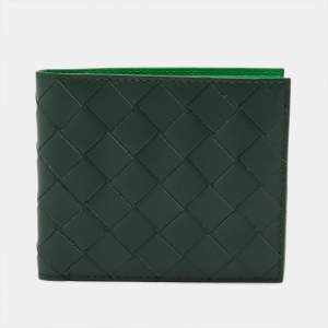 Pre Owned Bottega Veneta Dark Green Intrecciato Leather Bifold Wallet