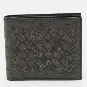 Pre Owned Bottega Veneta Grey Intrecciato Ostrich Bifold Wallet