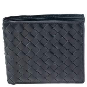 Pre Owned Bottega Veneta Navy Blue Intrecciato Leather Bifold Wallet