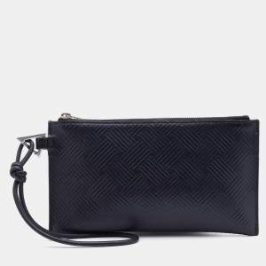 Bottega Veneta Black Debossed Intrecciato Leather Wristlet Clutch