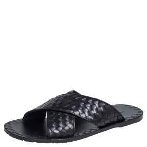 Pre Owned Bottega Veneta Black Intrecciato Leather Cross Strap Flat Slides Size 43
