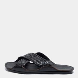 Bottega Veneta Black Intrecciato Leather Cross Strap Slides Size 45
