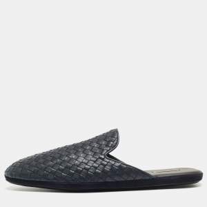 Bottega Veneta Navy Blue Intrecciato Leather Fiandra Mules Size 44