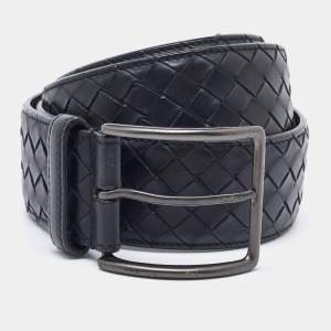 Bottega Veneta Black Intrecciato Leather Buckle Belt 110CM