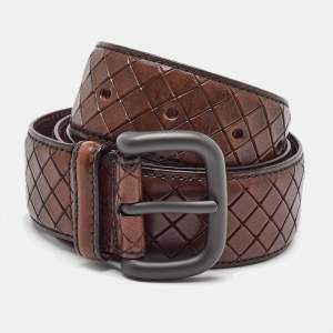 Bottega Veneta Brown Intrecciato Laser Leather Buckle Belt 95CM