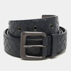 Bottega Veneta Navy Blue Intrecciato Leather Buckle Belt 95CM