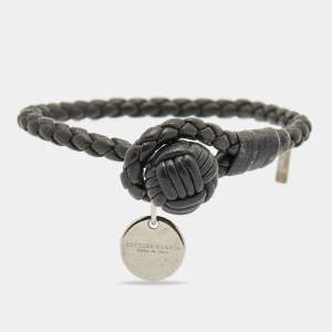 مملوكة مسبقًا Bottega Veneta Intrecciato Black Leather Silver Tone Knot Bracelet 