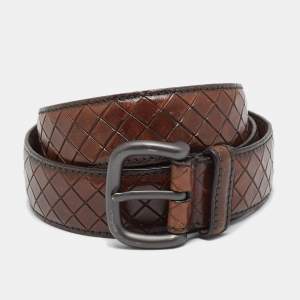 Pre Owned Bottega Veneta 90 CM Buckle Belt Brown Intrecciato Leather