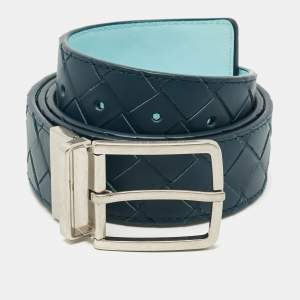 Pre Owned Bottega Veneta 90 CM Reversible Buckle Belt Blue Intrecciato Leather