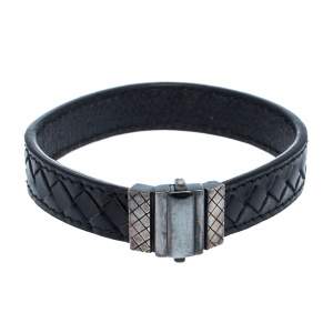 Bottega Veneta Black Intrecciato Woven Leather Sterling Silver Bracelet S