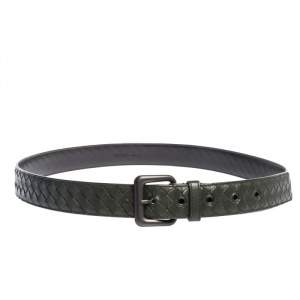 Bottega Veneta Dark Green Intreciatto Leather Buckle Belt 110CM
