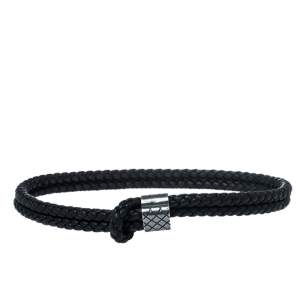 Pre Owned Bottega Veneta Black Double Intrecciato Leather Silver Adjustable Bracelet