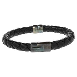 Pre Owned Bottega Veneta Black Intrecciato Leather Sterling Silver Bracelet 