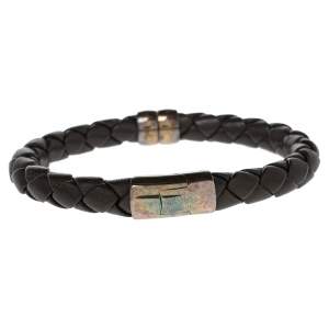 Pre Owned Bottega Veneta Brown Intrecciato Leather Sterling Silver Bracelet 