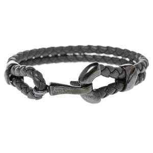 Pre Owned Bottega Veneta Grey Intrecciato Leather Sterling Silver Hook Bracelet S