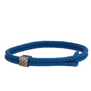 Pre Owned Bottega Veneta Blue Woven Leather Silver Adjustable Bracelet