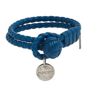 Pre Owned Bottega Veneta Blue Intrecciato Nappa Leather Double Strand Bracelet S