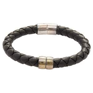 Pre Owned Bottega Veneta Black Intrecciato Leather Sterling Silver Bracelet 