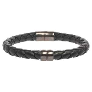 Pre Owned Bottega Veneta Black Intrecciato Leather Sterling Silver Cuff Bracelet