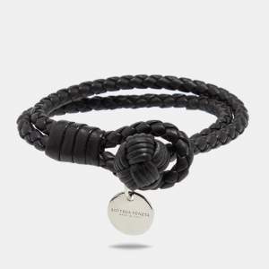 Pre Owned Bottega Veneta Black Intrecciato Leather Silver Tone Knot Bracelet 