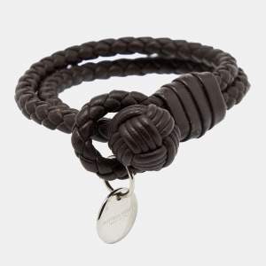 Pre Owned Bottega Veneta Intrecciato Brown Leather Double Strand Bracelet S