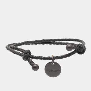 Bottega Veneta Grey Braided Leather Gunmetal Tone Adjustable Bracelet