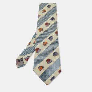 Bottega Veneta Vintage Beige Striped Hat Pattern Silk Tie