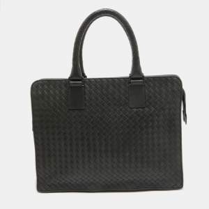 Bottega Veneta Dark Grey Intrecciato Leather Laptop Briefcase