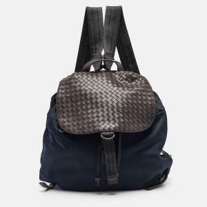 Bottega Veneta Navy Blue/Brown Intrecciato Leather and Nylon Flap Backpack