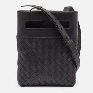 Bottega Veneta Black Intrecciato Leather Cut Out Handle Messenger Bag
