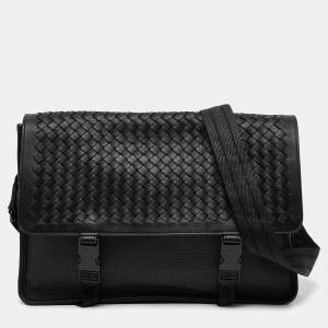 Bottega Veneta Black/Grey Intrecciato Leather and Nylon Messenger Bag