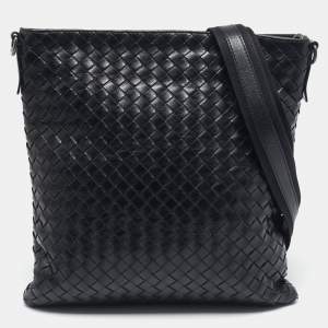 Bottega Veneta Black Intrecciato Leather Zip Flat Messenger Bag