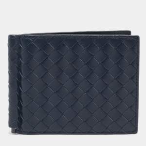 Bottega Veneta Navy Blue Intrecciato Leather Money Clip Bifold Wallet