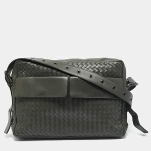 Bottega Veneta Green Intrecciato Leather Double Pocket Messenger Bag