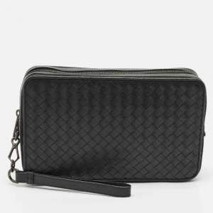 Bottega Veneta Black Intrecciato Leather Double Zip Wristlet Pouch