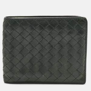 Pre Owned Bottega Veneta Dark Green Intrecciato Leather Bifold Wallet