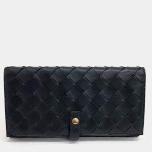 Pre Owned Bottega Veneta Black Leather Mesh Long Wallet