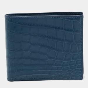 Pre Owned Bottega Veneta Blue Crocodile Bifold Wallet