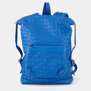Pre Owned Bottega Veneta Intrecciato Backpack Blue Leather