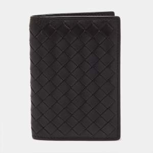 Pre Owned Bottega Veneta Dark Brown Intrecciato Leather Bifold Wallet